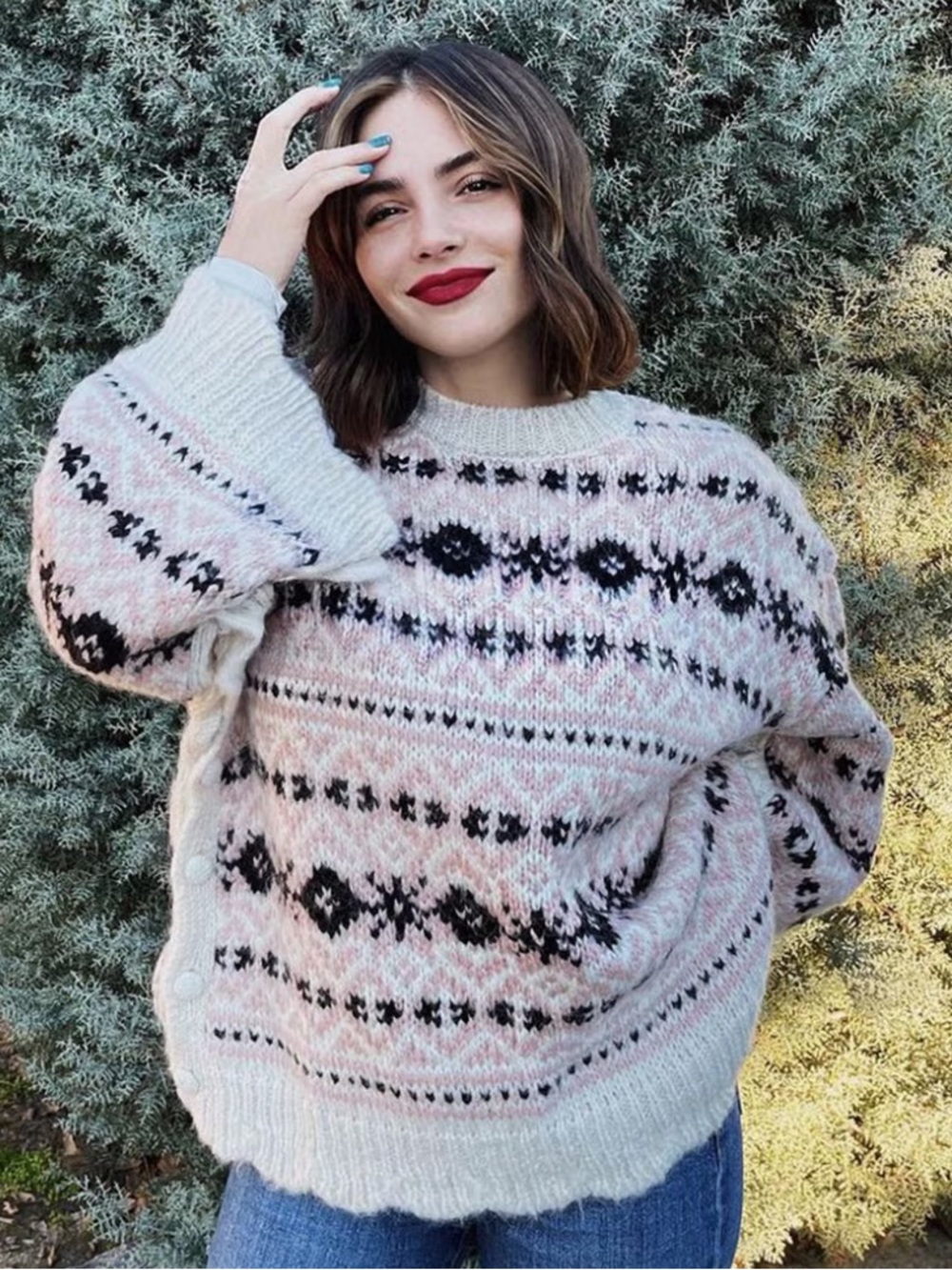 Zara Jaquard Wool Alpaca Sweater Cream Pink Black Soft Oversized Size Medium